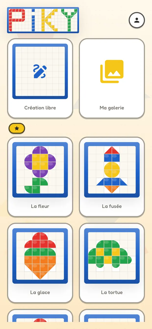 Piky sur téléphone : l'accueil, avec la création libre, la galerie et les dessins rangés par niveau.